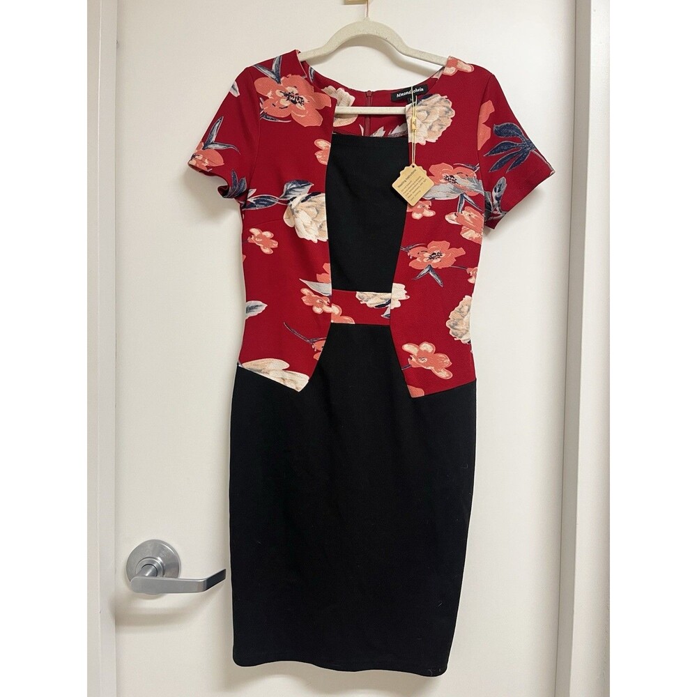 NWT Mmondschein Women's Size M Color block Red with Black Floral Pencil Dress